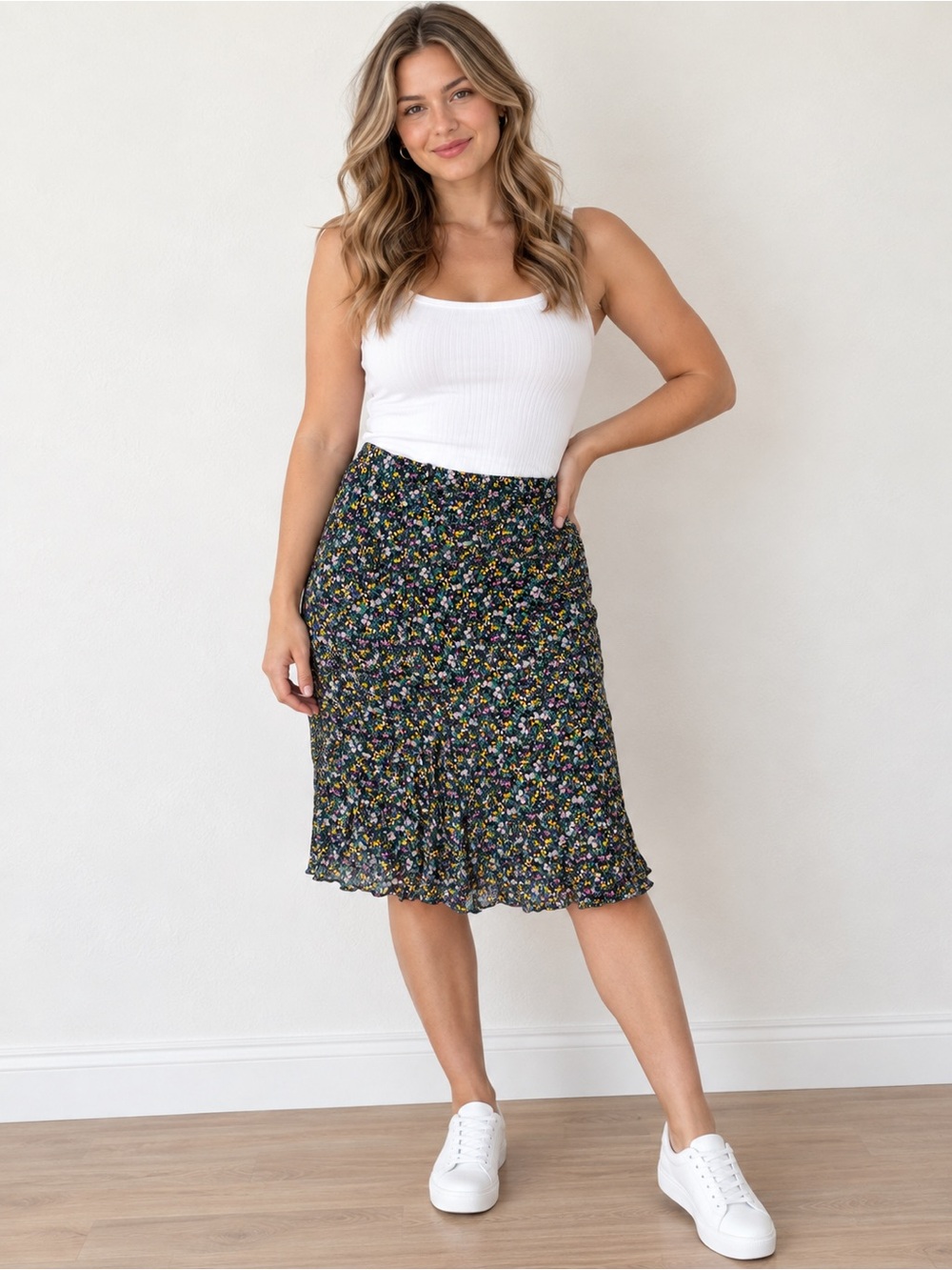 Philosophy Black Midi Skirt with Multicolor Floral Print